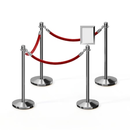 Montour Line Stanchion Post & Rope Kit Pol.Steel, 4CrownTop 3RedRope 8.5x11V Sign 3PSCNTAP8511H3PVRDPS